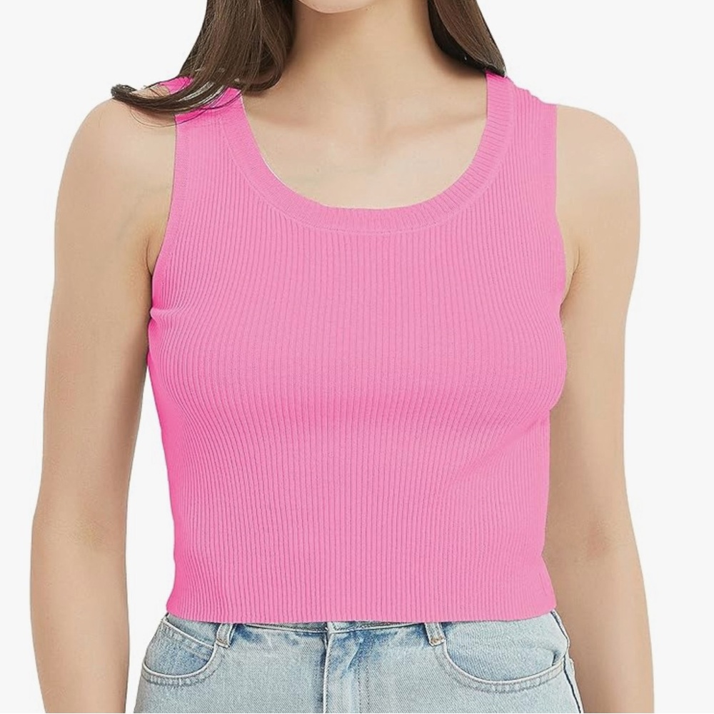 Pink Crew Neck Ribbed Crop Tank Top
